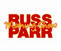 Russ parr logo in red with white background